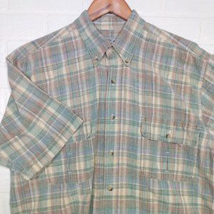 American Blue men's linen like green blue tan plaid short sleeve button shirt